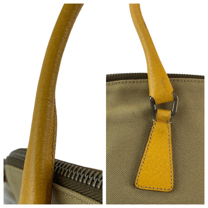 PRADA Tote Bag canvas Beige Yellow SilverMetal Triangle With logo