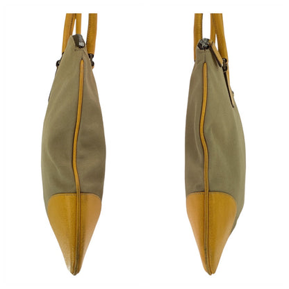 PRADA Tote Bag canvas Beige Yellow SilverMetal Triangle With logo