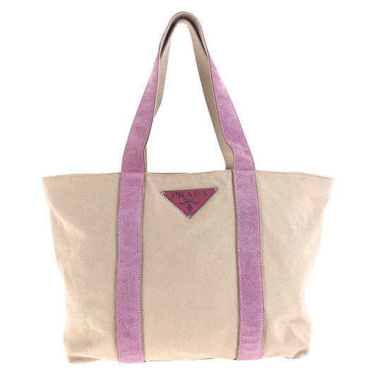 PRADA Tote Bag canvas Beige pink Triangle With logo