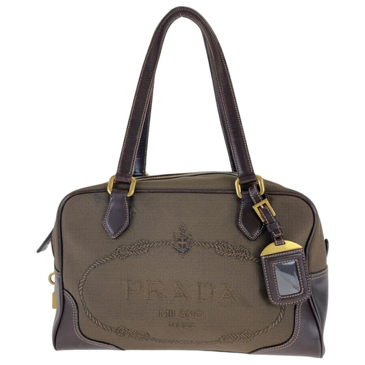 PRADA Shoulder Bag canvas Brown Logo jacquard