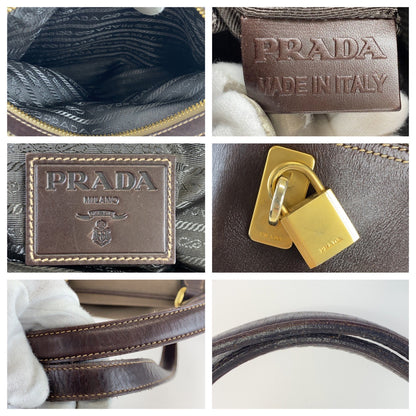 PRADA Shoulder Bag canvas Brown Logo jacquard