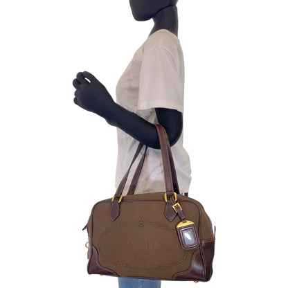 PRADA Shoulder Bag canvas Brown Logo jacquard