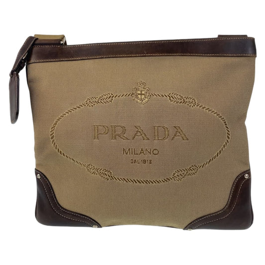 PRADA Shoulder Bag canvas Beige Brown SilverMetal Logo jacquard