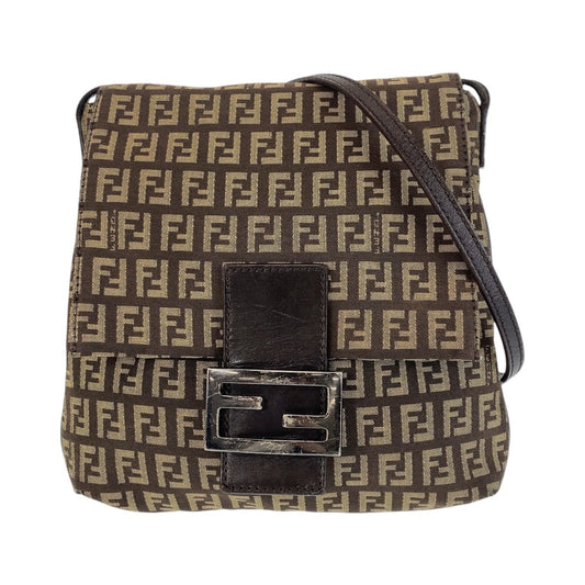 FENDI Shoulder Bag canvas Brown Silver Metal Zucchino Kamsepochet