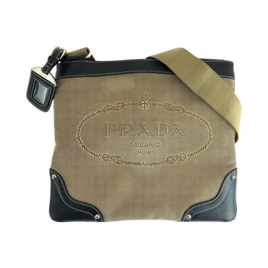 PRADA Shoulder Bag canvas Beige Black SilverMetal Logo jacquard
