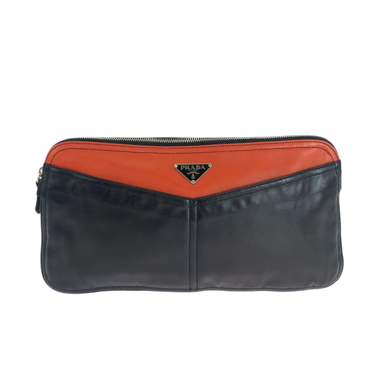 PRADA Clutch bag leather Black Orange SilverMetal Triangle With logo
