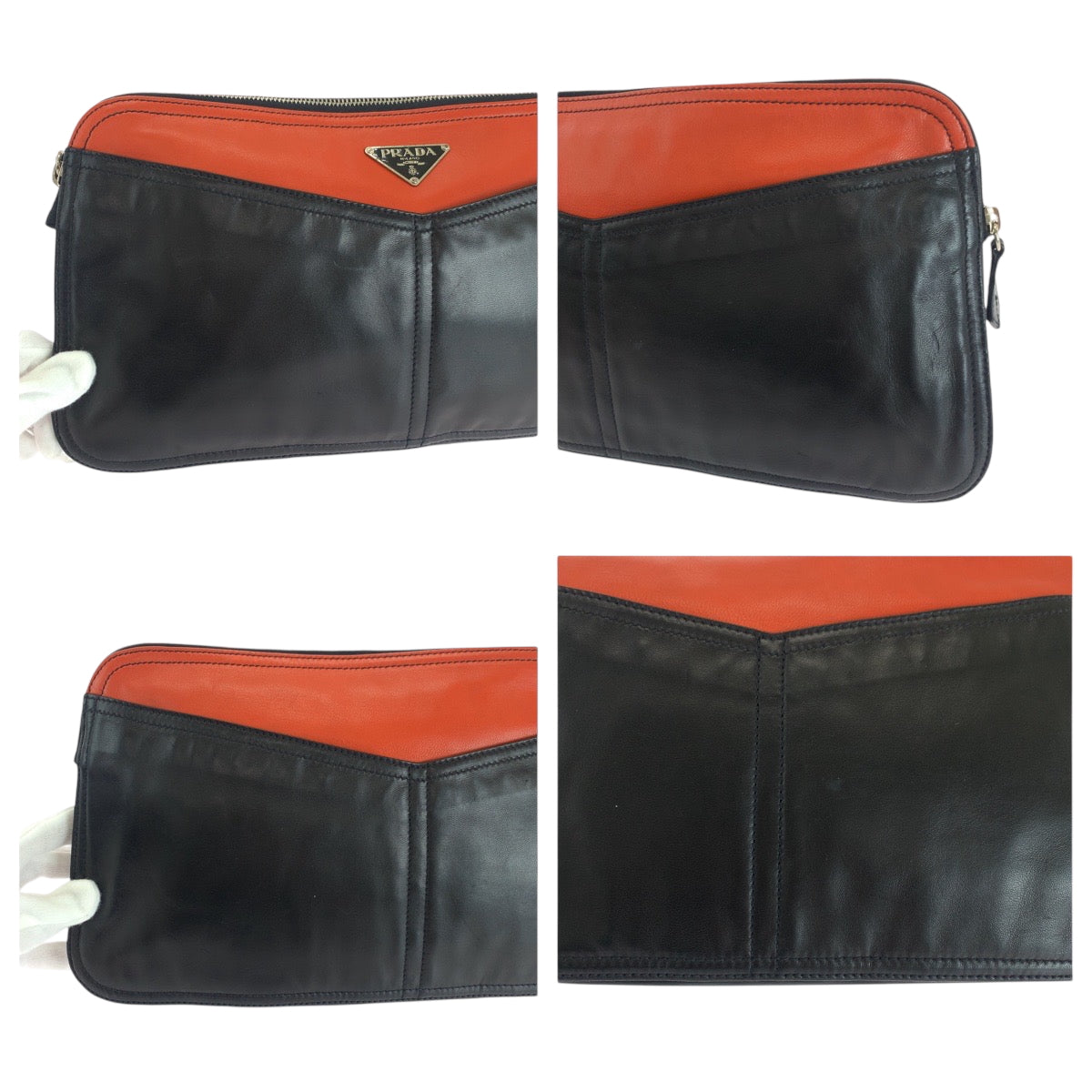 PRADA Clutch bag leather Black Orange SilverMetal Triangle With logo