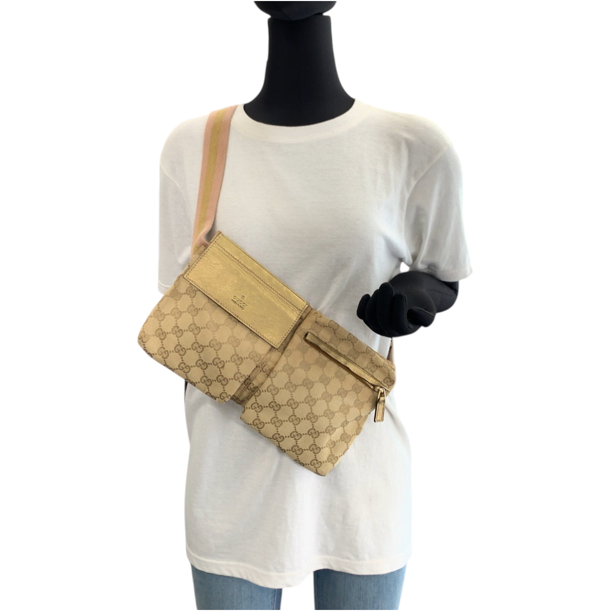 GUCCI Waist bag 28566 GG canvas Beige Gold Pink GoldMetal Sherry line
