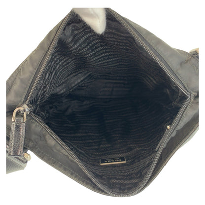 PRADA Shoulder Bag Nylon Black SilverMetal Testo Saffiano leather Triangle With logo
