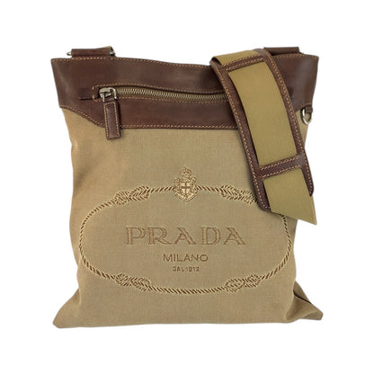 PRADA Shoulder Bag canvas Beige Brown SilverMetal Logo jacquard