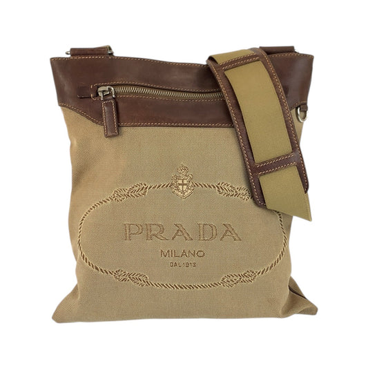 PRADA Shoulder Bag canvas Beige Brown SilverMetal Logo jacquard