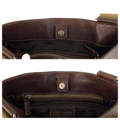 PRADA Shoulder Bag canvas Beige Brown SilverMetal Logo jacquard
