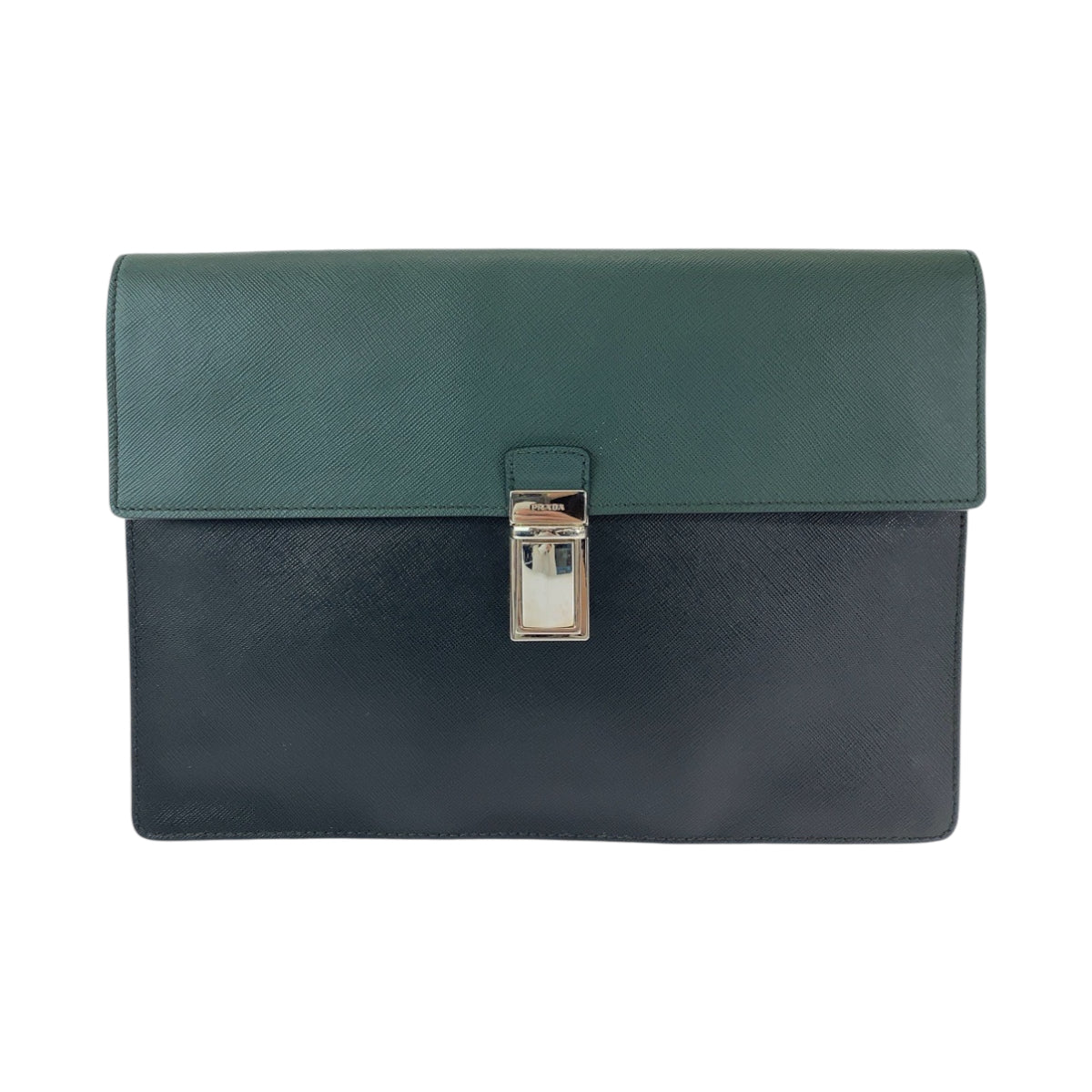 PRADA Clutch bag VR089M leather Bicolor Green Black Safiano Triangle With logo