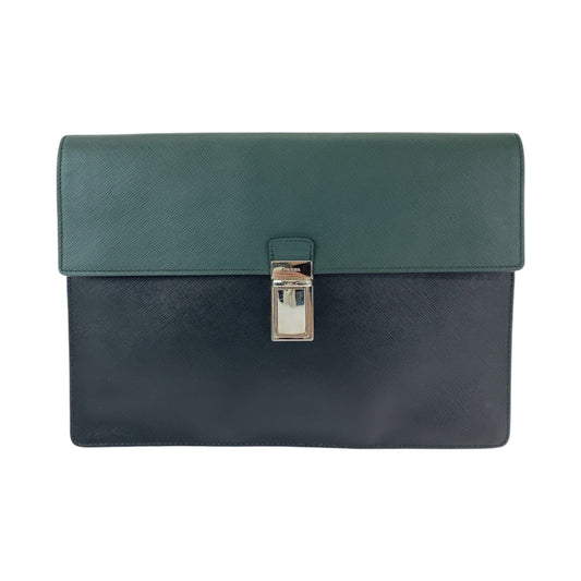 PRADA Clutch bag VR089M leather Bicolor Green Black Safiano Triangle With logo