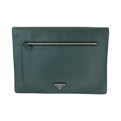 PRADA Clutch bag VR089M leather Bicolor Green Black Safiano Triangle With logo