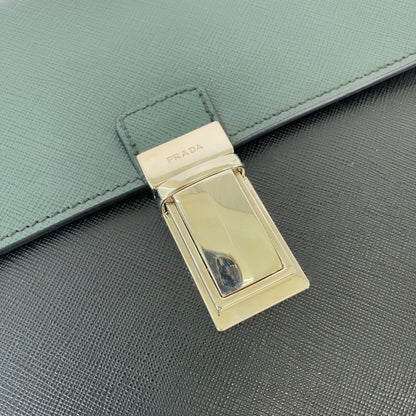 PRADA Clutch bag VR089M leather Bicolor Green Black Safiano Triangle With logo