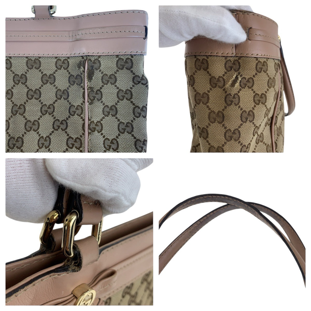 GUCCI Tote Bag 257061 GG canvas Pink Brown Gold Metal Pretty