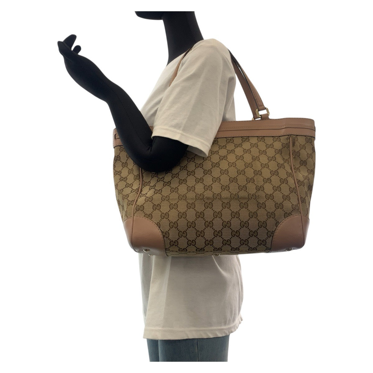 GUCCI Tote Bag 257061 GG canvas Pink Brown Gold Metal Pretty