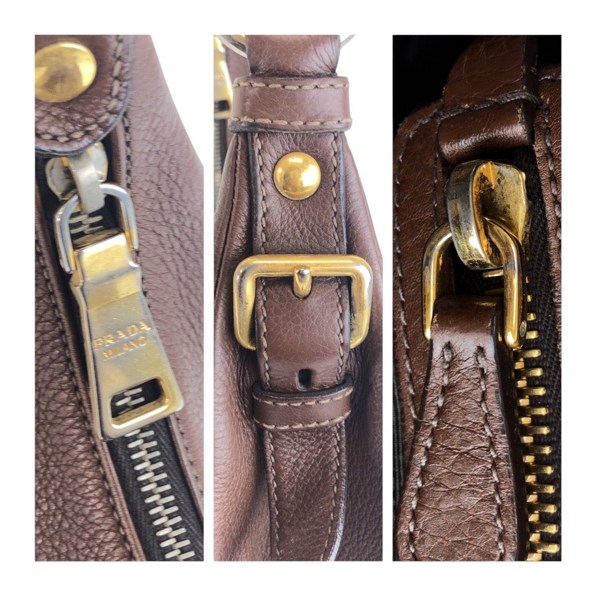 PRADA Shoulder Bag leather Brown Gold Metal Vitterodino