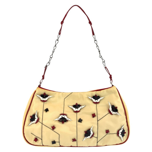PRADA Shoulder Bag Nylon Beige Red SilverMetal Triangle With logo