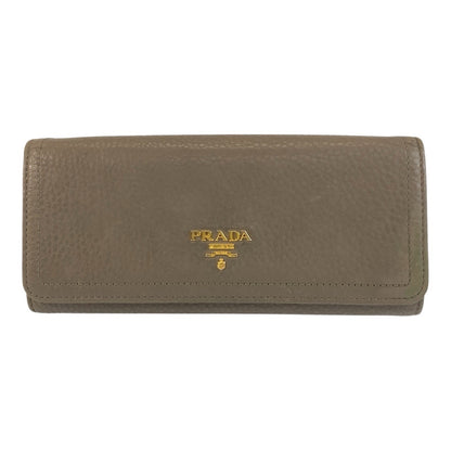 PRADA Long Wallet Purse leather Greige Gold Metal logo