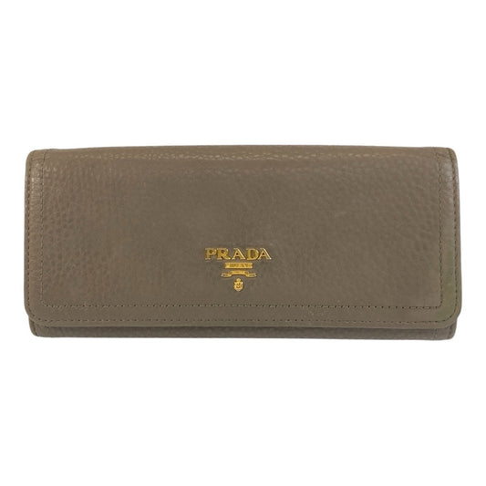 PRADA Long Wallet Purse leather Greige Gold Metal logo