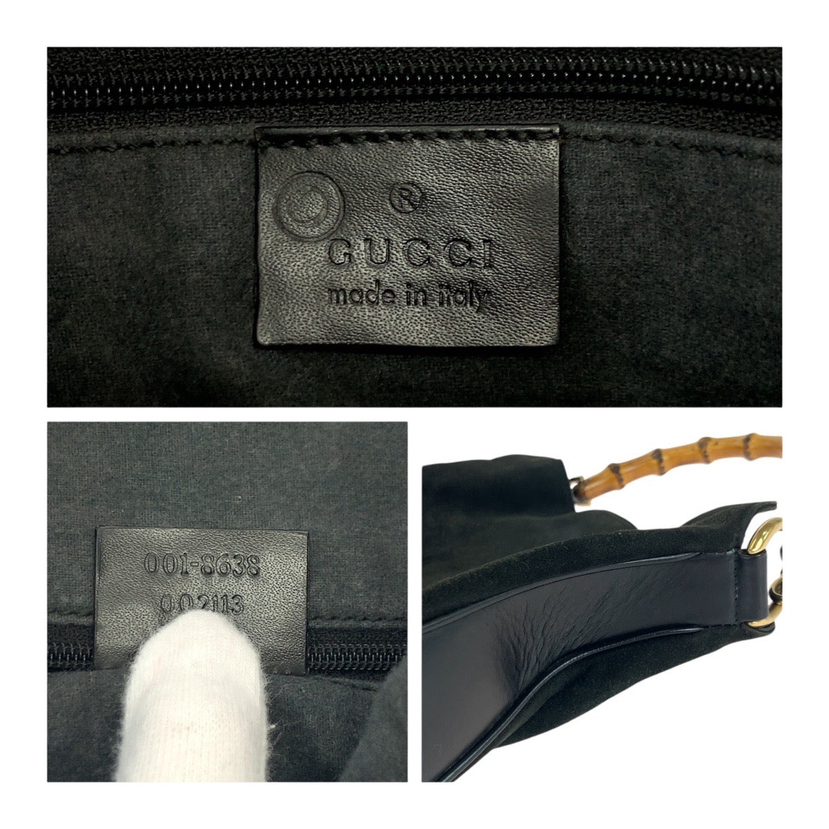GUCCI Shoulder Bag 001 3638 Suede Black Brown Gold Metal Bamboo