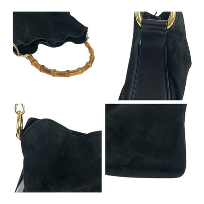 GUCCI Shoulder Bag 001 3638 Suede Black Brown Gold Metal Bamboo