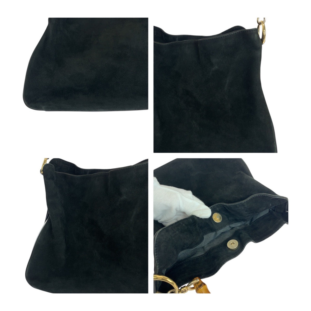 GUCCI Shoulder Bag 001 3638 Suede Black Brown Gold Metal Bamboo