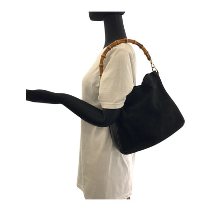 GUCCI Shoulder Bag 001 3638 Suede Black Brown Gold Metal Bamboo