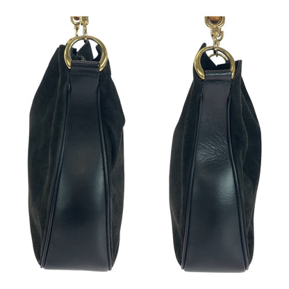 GUCCI Shoulder Bag 001 3638 Suede Black Brown Gold Metal Bamboo