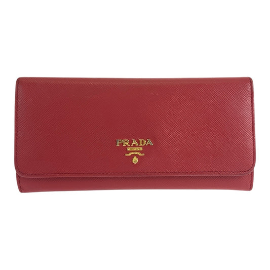 PRADA Long Wallet Purse leather Red Gold Metal Safiano logo