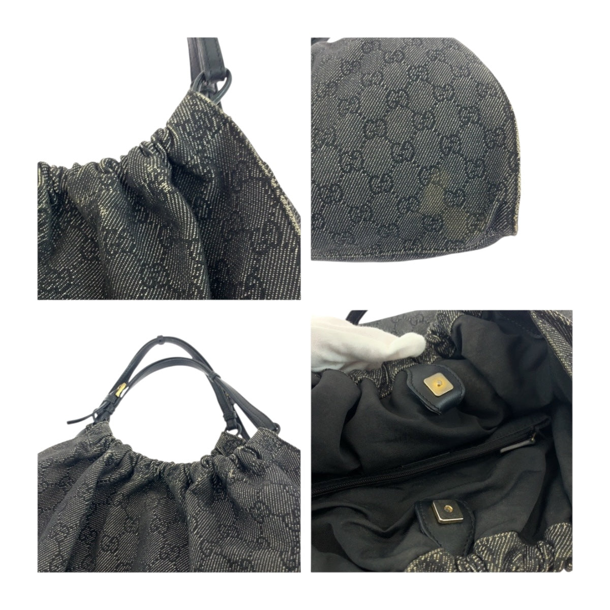 GUCCI Handbag 76554 GG canvas Grey Black Gold Metal