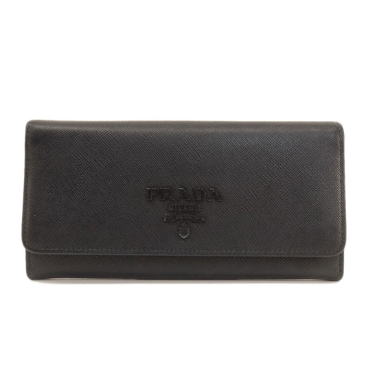 PRADA Long Wallet Purse leather black logo saffiano
