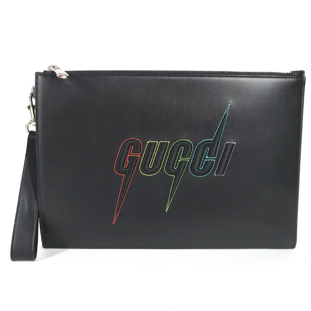 GUCCI Clutch bag 597678 leather black bag pouch Braid embroidery logo
