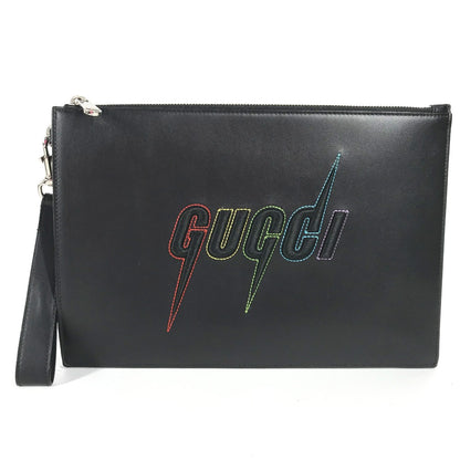 GUCCI Clutch bag 597678 leather black bag pouch Braid embroidery logo