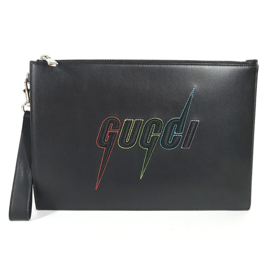 GUCCI Clutch bag 597678 leather black bag pouch Braid embroidery logo
