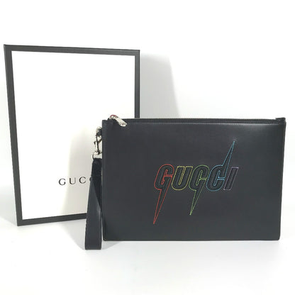 GUCCI Clutch bag 597678 leather black bag pouch Braid embroidery logo