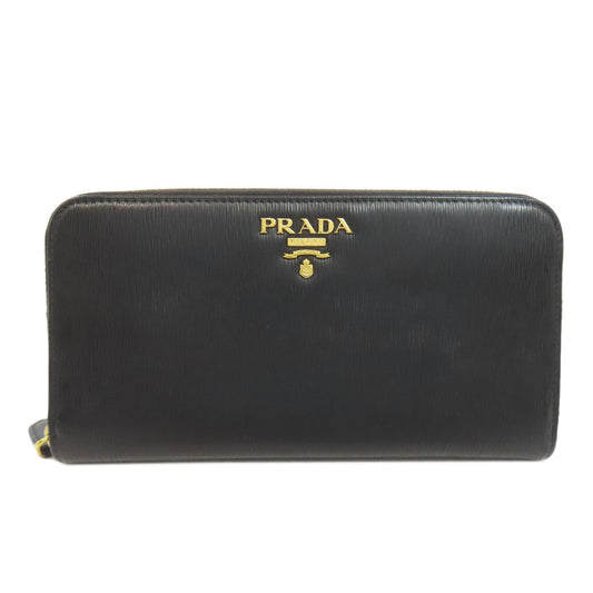 PRADA Long Wallet Purse leather black Zip Around