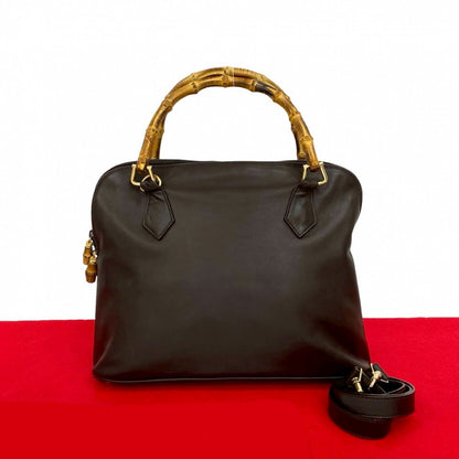 GUCCI Shoulder Bag leather Brown Bamboo
