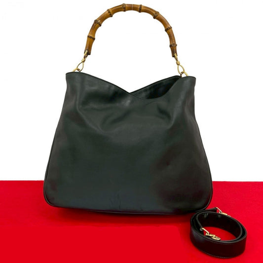 GUCCI Shoulder Bag leather black Bamboo