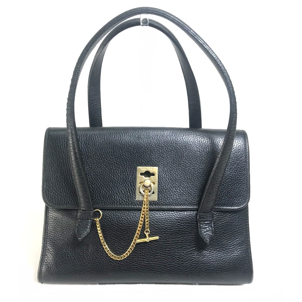 CELINE Handbag leather Black x Gold Metal vintage Chain lock Women Used Authentic