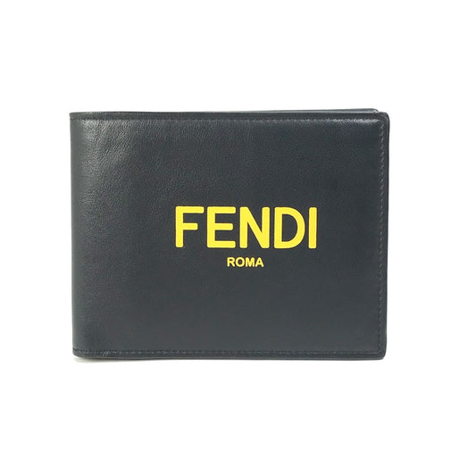 FENDI Folded wallet 7M0001 leather Black x yellow logo mens Used Authentic