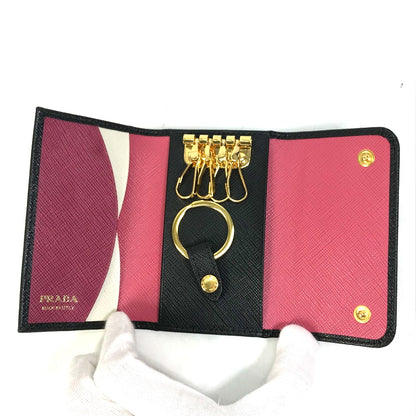 PRADA Key case Key holder  1PG004 saffiano leather Black x pink logo multicolor Key ring