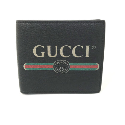 GUCCI Folded wallet 496316 leather black Vintage logo print mens Used Authentic