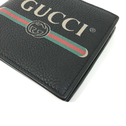 GUCCI Folded wallet 496316 leather black Vintage logo print mens Used Authentic