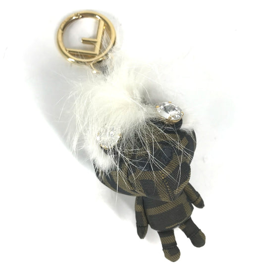 FENDI Bag charm canvas Brown Fur Rhinestones ZUCCA logo monster space monkey