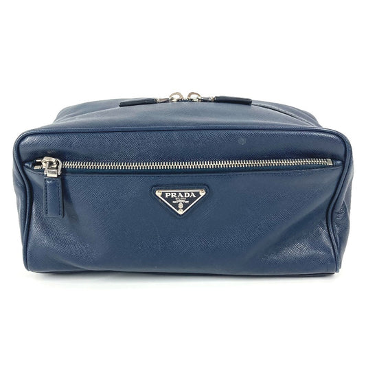 PRADA Clutch bag saffiano leather Navy Triangle logo plate