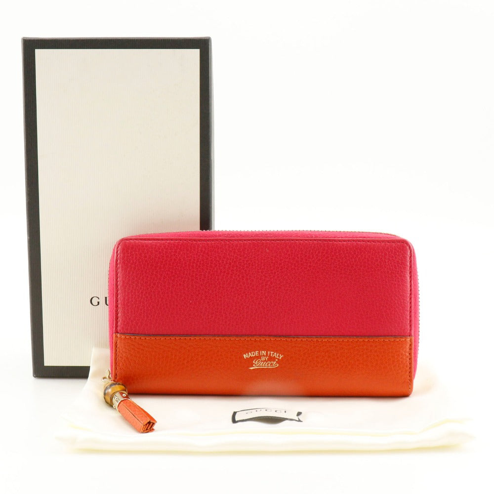 GUCCI Long Wallet Purse 307984 Calfskin Pink / Orange Bamboo tassel Zip Around
