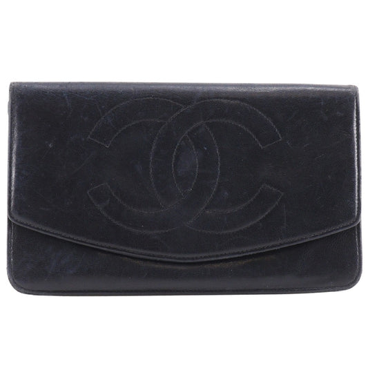 CHANEL Long Wallet Purse lambskin black vintage COCO Mark